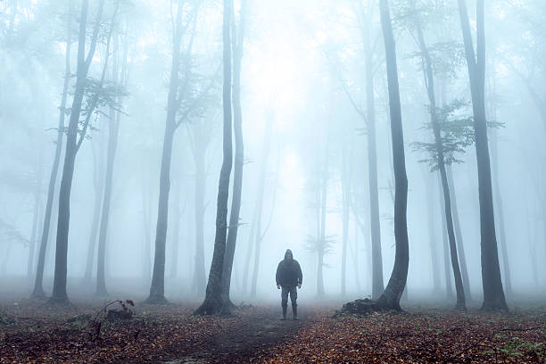 istock Dark horror man in creepy foggy forest 610442826