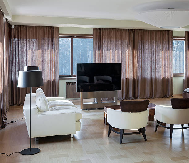 istock Home modern theater interior with big windows 610444398