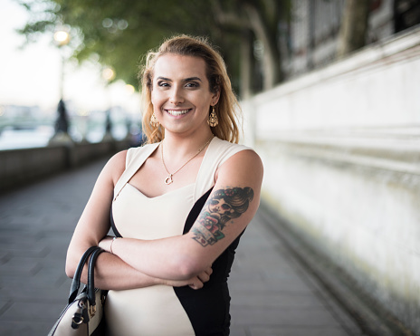 Transgender female smiling towards camera, London, England