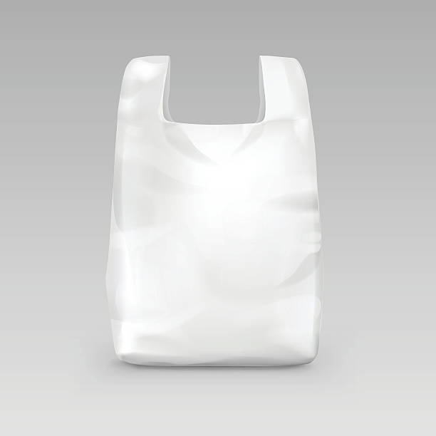 백그라운드에서 분리된 손잡이가 있는 흰색 일회용 비닐 쇼핑백 - recycling bag garbage bag plastic stock illustrations