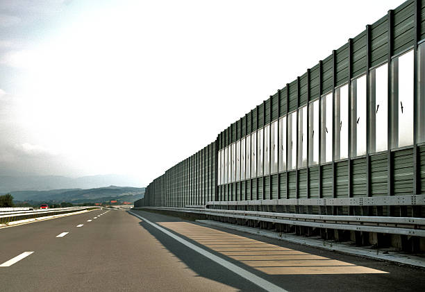 Transparent noise barrier with birds by the highway