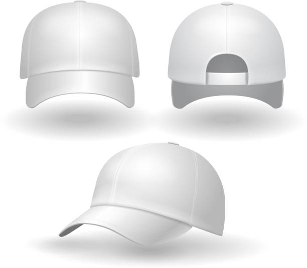 illustrazioni stock, clip art, cartoni animati e icone di tendenza di realistico set di cappellini da baseball bianchi. vista sul lato anteriore posteriore - cap hat baseball cap baseball