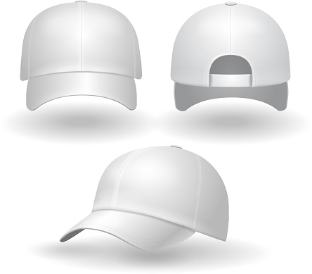 Realistic white baseball cap set. Back front and side view isolated on white background vector illustration