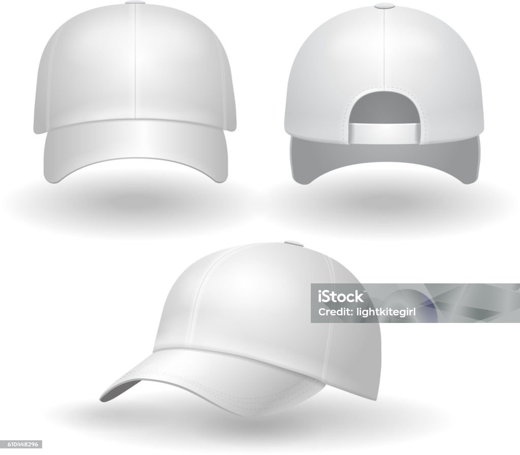 Realistic white baseball cap set. Back front side view Realistic white baseball cap set. Back front and side view isolated on white background vector illustration Cap - Hat stock vector