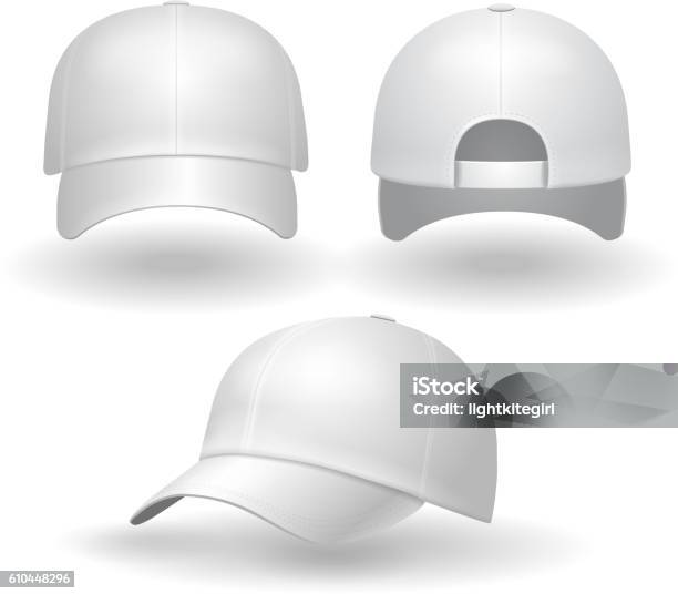 Realistic White Baseball Cap Set Back Front Side View Stock Illustration - Download Image Now