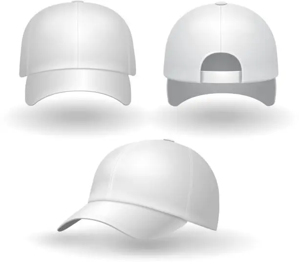 Vector illustration of Realistic white baseball cap set. Back front side view