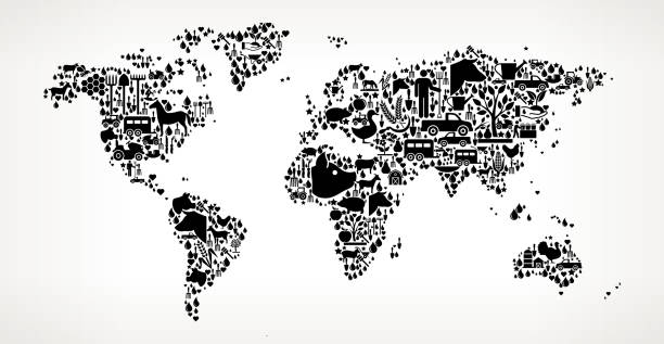 World Map Farming and Agriculture Black Icon Pattern World Map Farming and Agriculture Black Icon Pattern . The black vector icons create a seamless pattern and include popular farming and agriculture. This black and white icon patter inclides: Farm house, farm animals, fruits and vegetables and seasonal food items. The icons are carefully arranged on a light background and vary in size. pig farmer china stock illustrations
