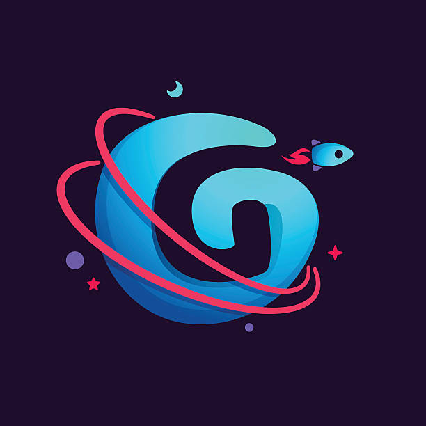 Letter G icon with planet, rocket and orbits lines. Bright vector design for science, biology, physics, chemistry company. g star stock illustrations