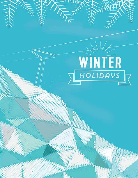 Vector illustration of vintage winter line illustration on snowy scribbled  landscape