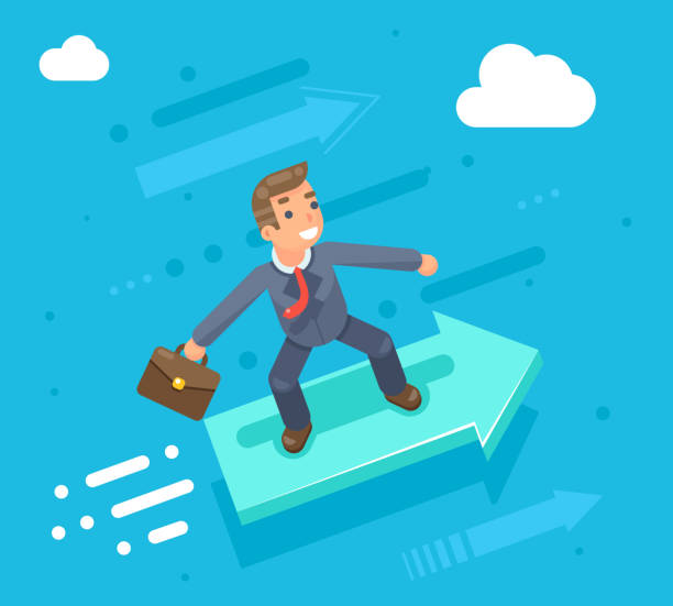 istock Businessman character riding on the infographic arrow growth success flat 610453812