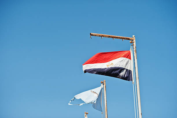 istock Flag of Egypt floating in the wind background blue sky 610454948