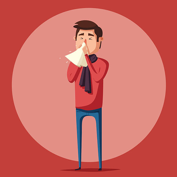 Sick man. Unhappy character. Vector cartoon illustration Sick man. Unhappy character. Vector cartoon illustration. Man with handkerchief in hand. Season allergy hot male drawing stock illustrations