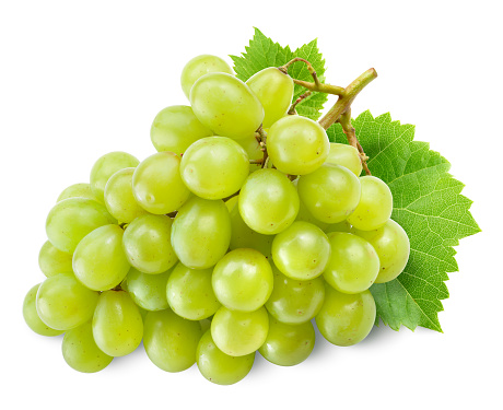 Fresh green grapes with leaves. Isolated on white.