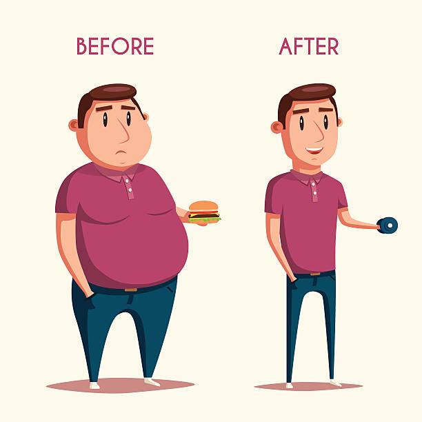 Man before and after sports. Cartoon vector illustration Man before and after sports. Cartoon vector illustration. Diet and sport. Fat and strong character. Fitness. Sporty and ugly people. before and after weight loss stock illustrations