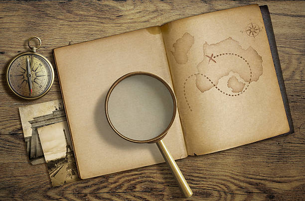 istock Adventure and travel nautical theme. Diary with map  magnifying glass 610540096
