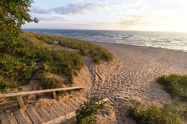 Michigan Summer Beach Vacation Staircase leads to the wide sandy beach on the coast of  Lake Michigan glowing in the summer sun. Hoffmaster State Park. lake michigan photos stock pictures, royalty-free photos & images