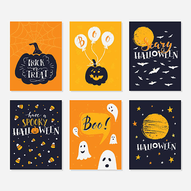 ilustrações, clipart, desenhos animados e ícones de cartões de halloween definidos - heckling