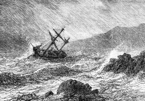 A hand drawn illustration of a boat shipwrecked on rocks from an old 1885 book \