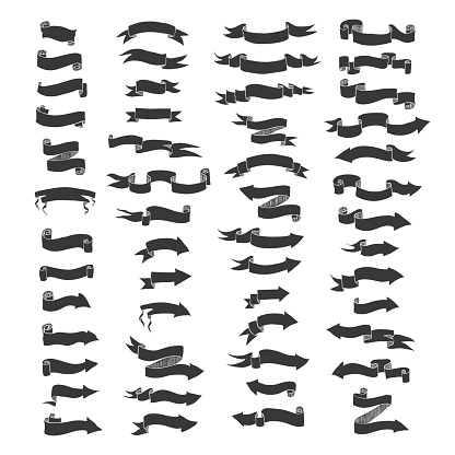 Vector  hand drawn big set of ribbon banners and arrows isolated on white and easy to use. Black and white collections. 