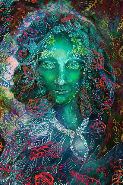 istock green fantasy fairy spirit with leaf ornaments, illustration collage 610548064