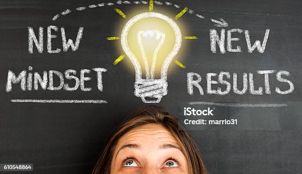 New Mindset New Results Concept On Blackboard Stock Photo - Download Image Now - Change, Leadership, Contemplation