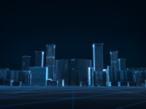 3D render of city x-ray blue transparent on dark background.