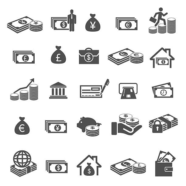 money and finance icon set money and finance icon set bank financial building silhouettes stock illustrations