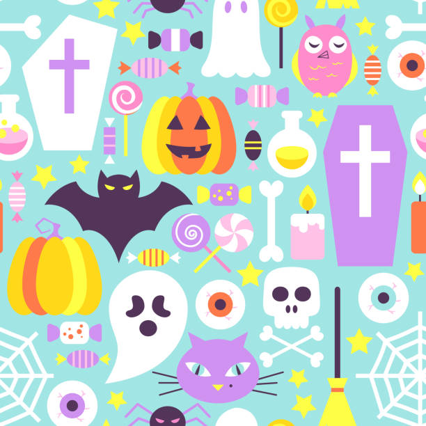 модные цвета хэллоуин бесшовные шаблон - bat halloween human eye horror stock illustrations