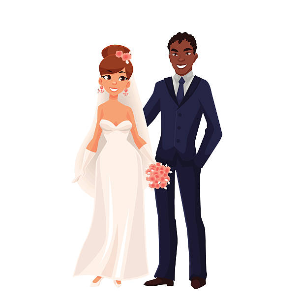 Caucasian bride and African groom, just married couple Caucasian bride and African groom, just married couple, cartoon vector illustration isolated on white background. White bride and black groom, mixed couple, wedding ceremony african bride and groom stock illustrations