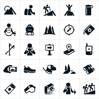 A set of icons representing the recreational outdoor pursuit of hiking. The icons show hikers hiking, mountains, trails, maps, packs, compass, water bottle, camera, GPS, shoes and other gear associated with hiking.