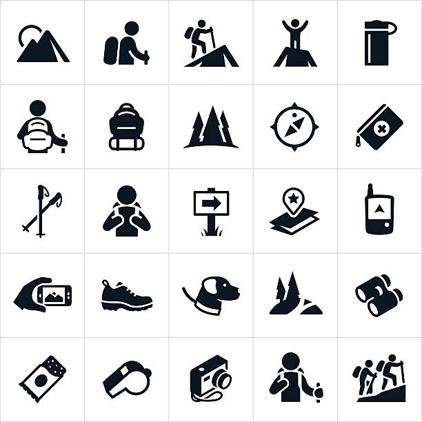 Hiking Icons A set of icons representing the recreational outdoor pursuit of hiking. The icons show hikers hiking, mountains, trails, maps, packs, compass, water bottle, camera, GPS, shoes and other gear associated with hiking. hiking stock illustrations