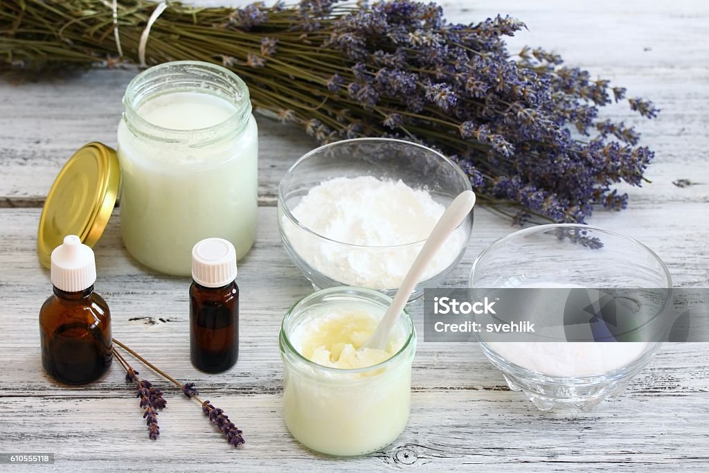 Antibacterial  and natural homemade deodorant Made from coconut oil, sodium bicarbonate, starch and  essential oil Deodorant Stock Photo