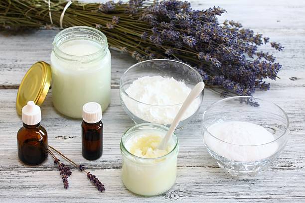 Antibacterial  and natural homemade deodorant Made from coconut oil, sodium bicarbonate, starch and  essential oil homemade stock pictures, royalty-free photos & images