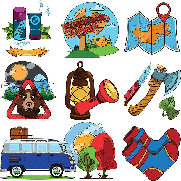 Vector illustration of Set on the theme of tourism color illustration. Travel logos.