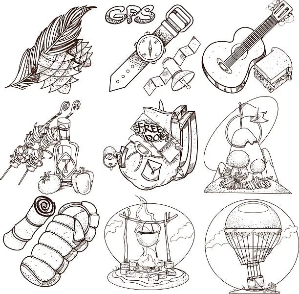 Vector illustration of Set in the tourism theme. Travel logos. Coloring books.