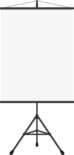 Blank presentation screen. Vector illustration of blank projection screen. Template of presentation screen in flat style. Blank whiteboard, tripod projector for seminar. tripod stock illustrations