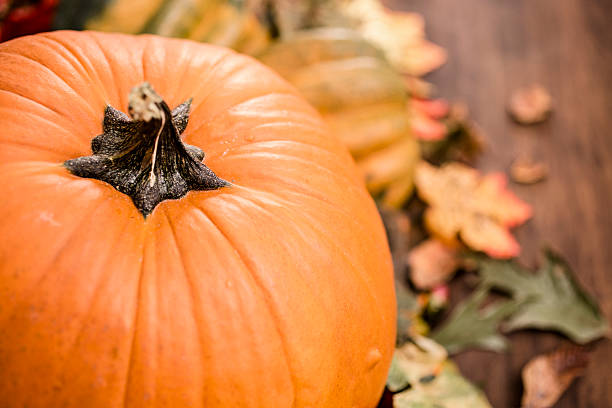 istock Autumn centerpiece with orange pumpkin, leaf decorations. 610559666