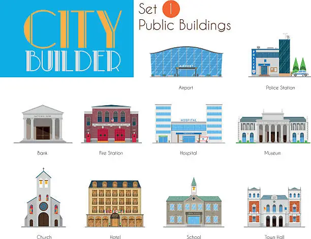 Vector illustration of City Builder Set 1: Public and Municipal Buildings