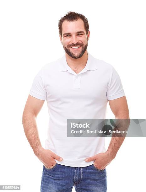 Man In A White Polo Shirt Stock Photo - Download Image Now - Men, White Color, White People