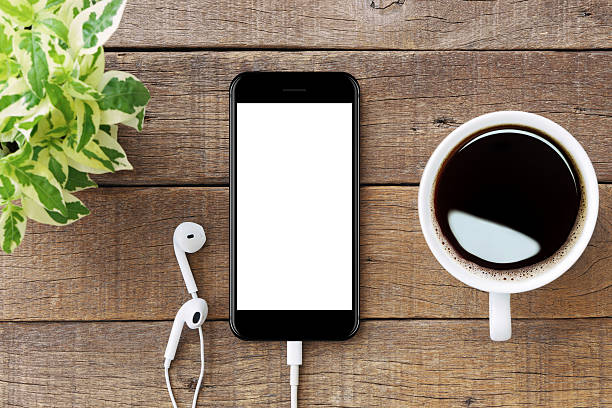 smartphone white screen on wooden table