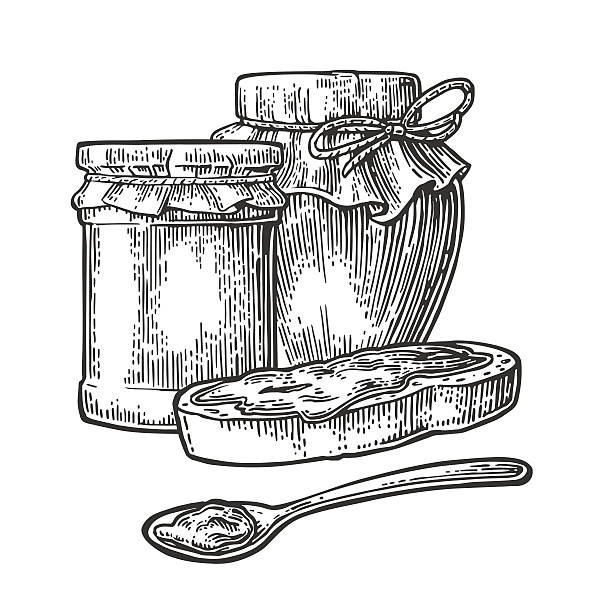 Jar, spoon and slice of bread with jam. Isolated on white background. Vector black vintage engraving illustration for menu