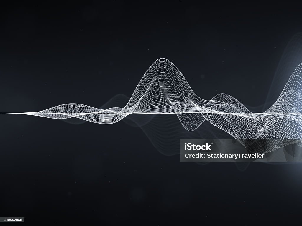 Abstract Wavy Lines White wavy lines on dark gray/black background. Sound Wave Stock Photo