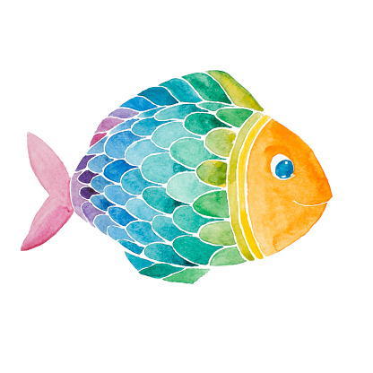 Rainbow smiling fish watercolor painted isolated on white background.