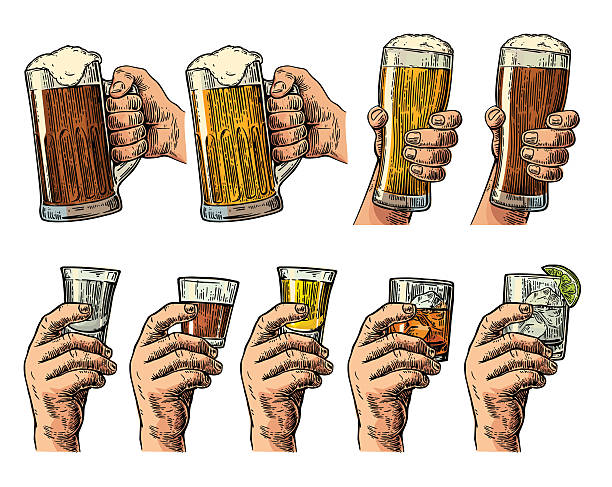 ilustrações de stock, clip art, desenhos animados e ícones de male hand holding glass with beer, tequila, vodka, rum, whiskey - whisky ice cube glass alcohol