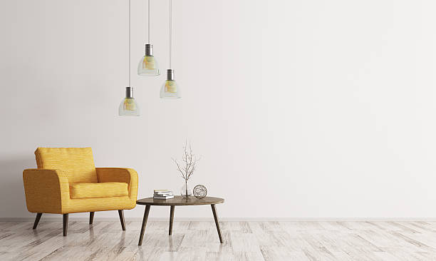 interior con sillón y mesa de centro 3d renderizado - contemporary sparse design lamp fotografías e imágenes de stock