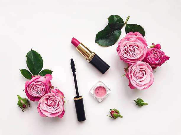 istock Decorative flat lay composition with cosmetics and flowers 610564916