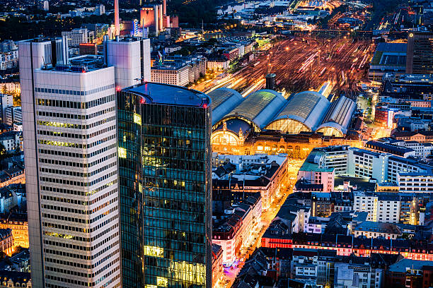 istock Frankfurt Aerial View - Financial District and Trainstation 610565082
