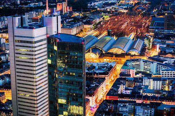 View of the Financial District and Trainstation at dusk