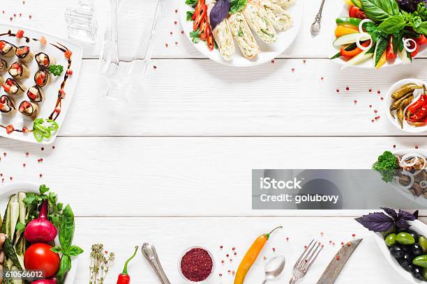 Food Frame On White Wooden Table Free Space Stock Photo - Download Image Now - Backgrounds, Food And Drink Industry, Food Service Occupation