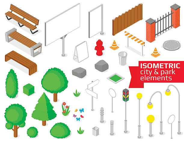 ilustrações de stock, clip art, desenhos animados e ícones de isometric city and park elements set. - street furniture traffic lighting equipment urban scene